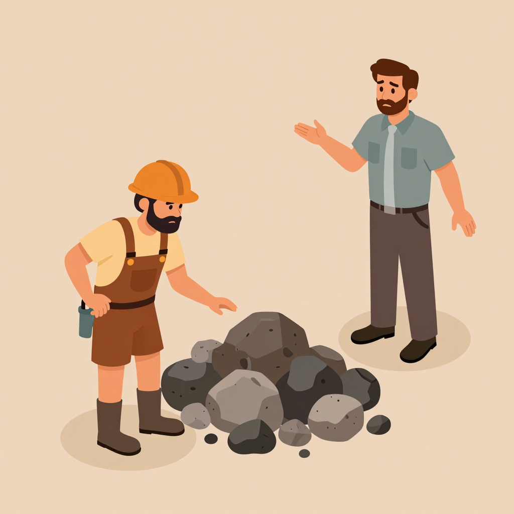 鉱石の山を前に肩を落とす